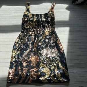 Vintage Y2k Oleg Cassini Black Tie Leopard Print Sequin Mini Dress Size 4 NYE